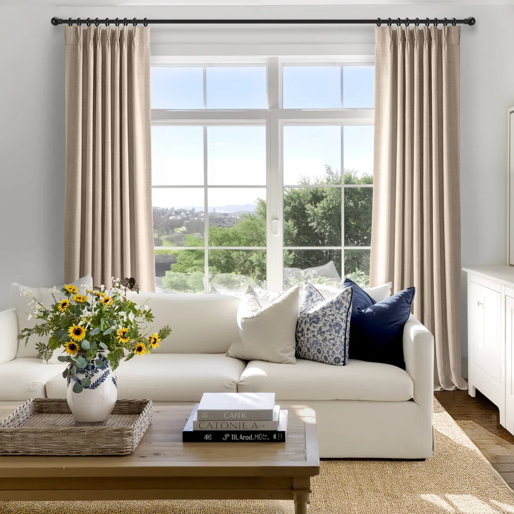 100% Blackout Curtains Polyester Faux Linen Fabric Pinch Pleated Drapes With 20 Hooks Blackout Curtains For Bedroom/Living Room ( 2 Panels Set)