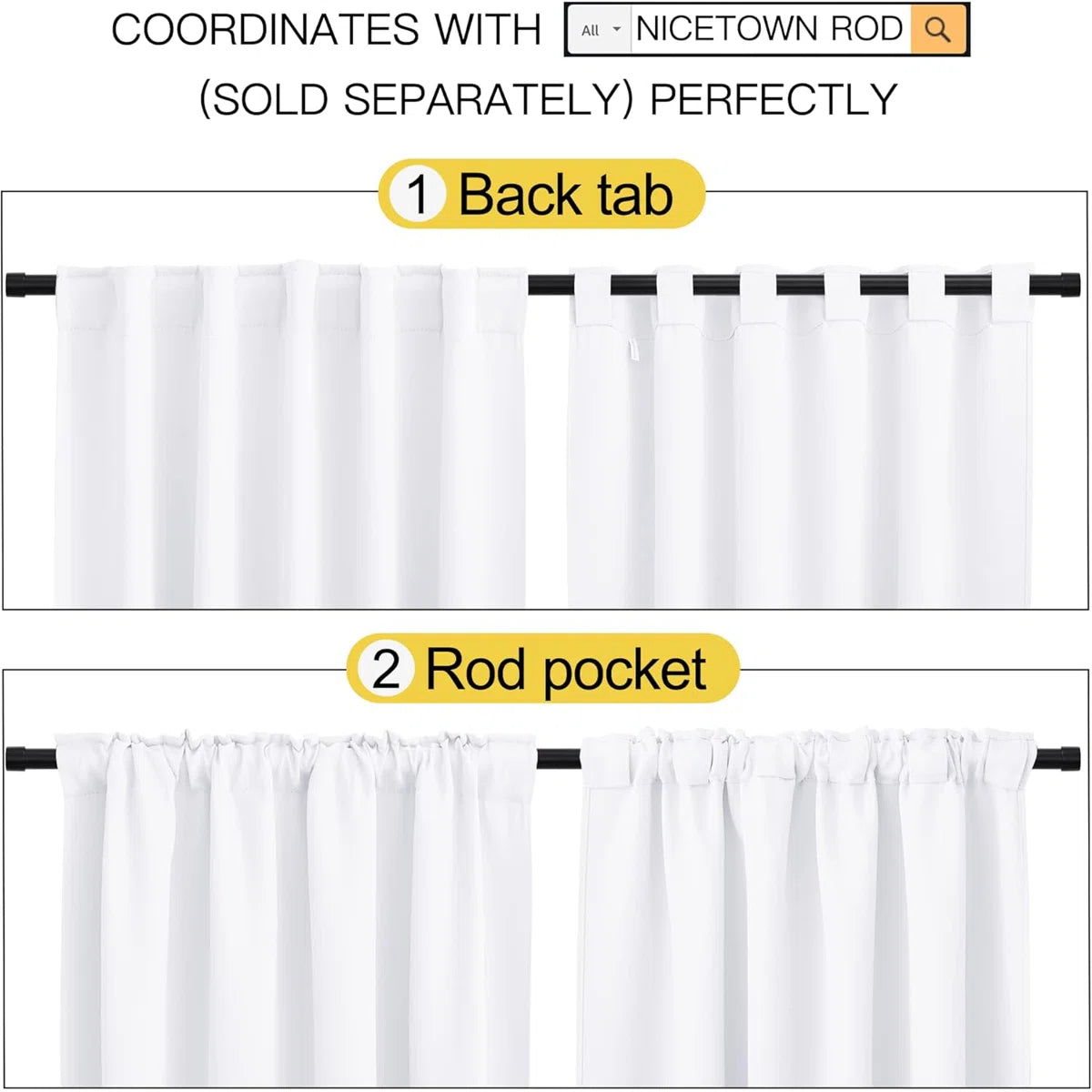 Blackout Curtain Light & Noise Reducing Room Darkening Drapes for Bedroom/Living Room/Kitchen, 2 Pieces