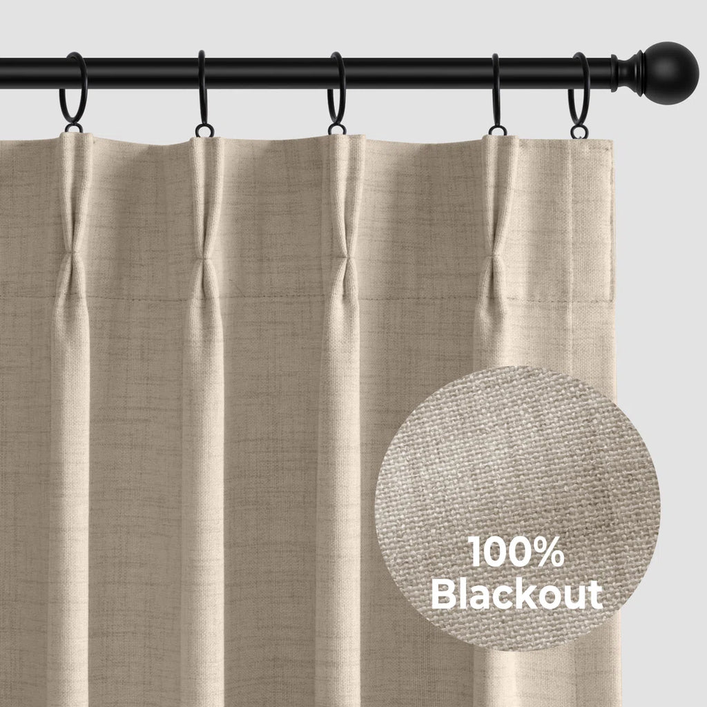 100% Blackout Curtains Polyester Faux Linen Fabric Pinch Pleated Drapes With 20 Hooks Blackout Curtains For Bedroom/Living Room ( 2 Panels Set)